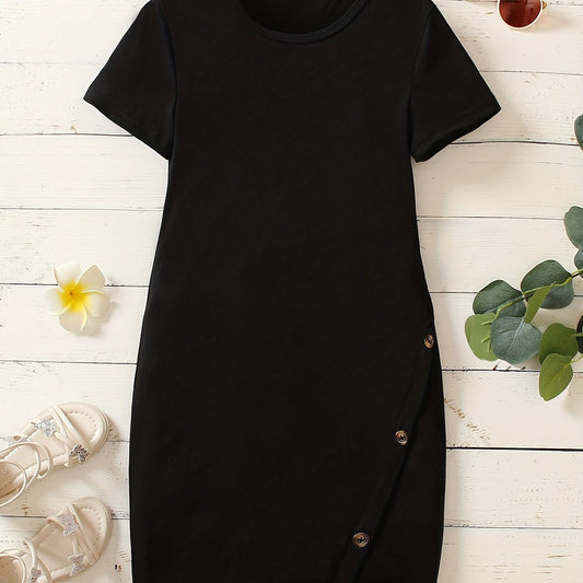 Girls Casual Button Short Sleeve Dress