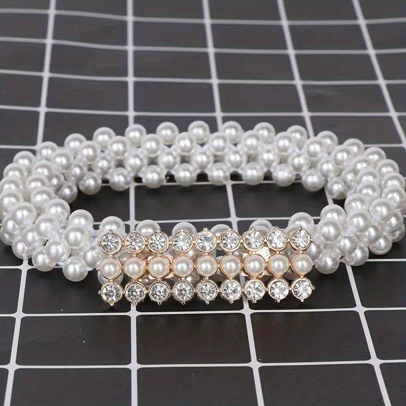 Rhinestone Faux Pearl Belt Elastic Waistband Women Casual Dress Girdle