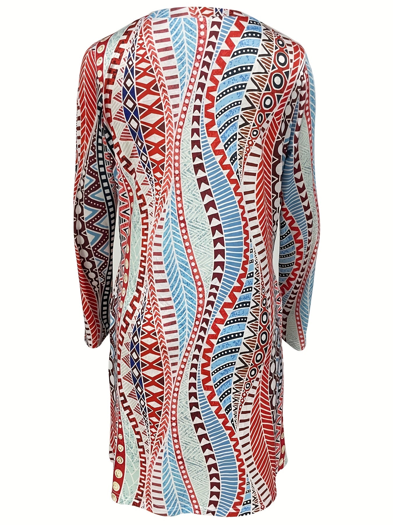 Geometric Print Long Sleeve Round Neck Mini Dress