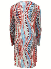  Geometric Print Long Sleeve Round Neck Mini Dress
