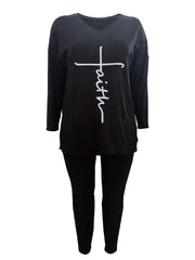  Cross Letter Print V Neck Tee & Pants Set