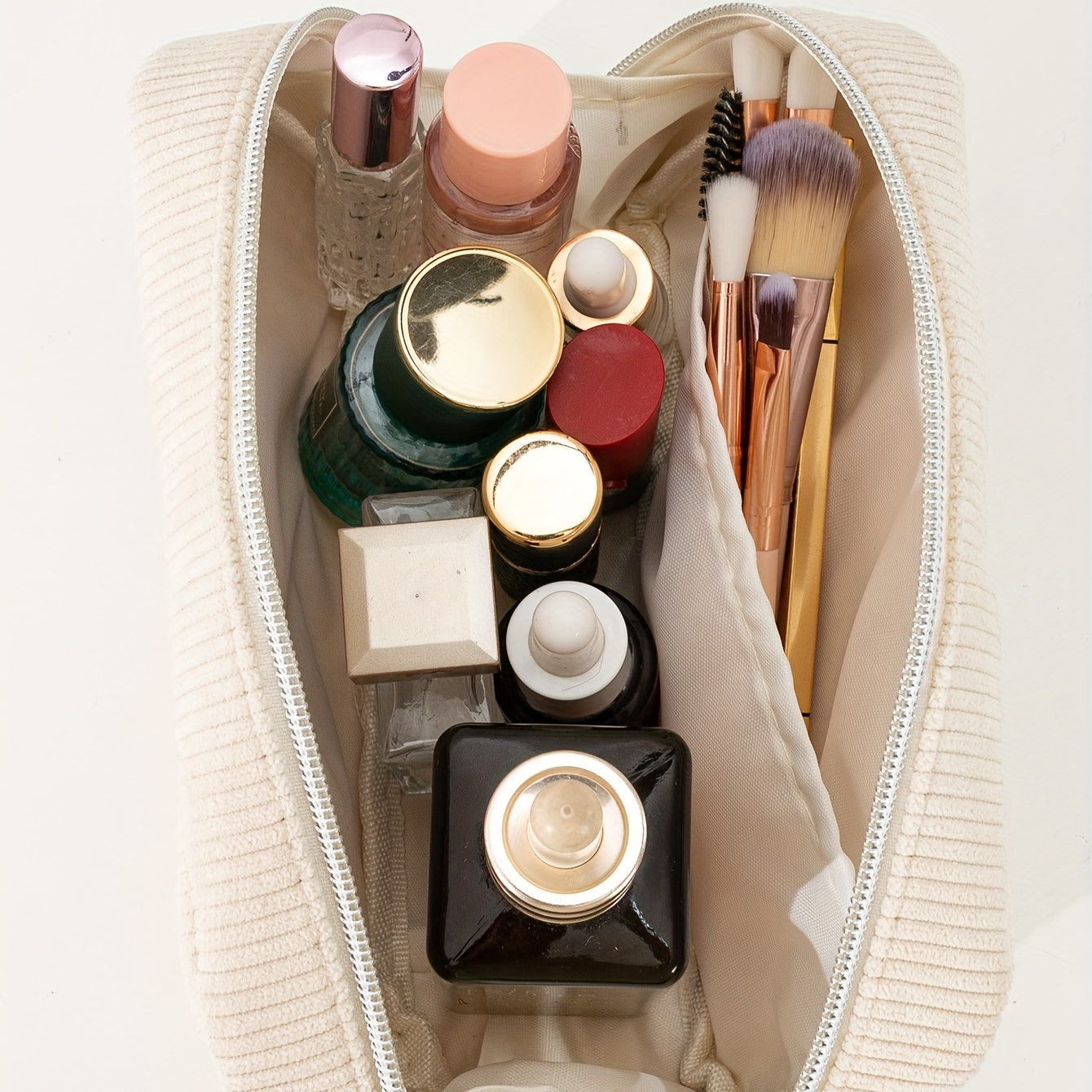 Corduroy Cosmetic Bag w/Silvery Zipper Portable Toiletry Bag