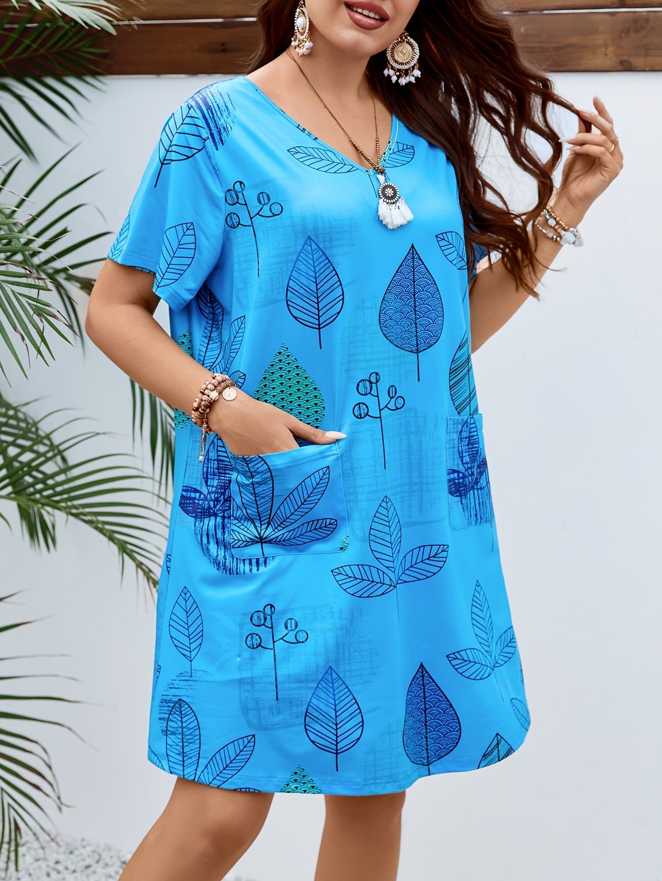  Leaf Print Short Sleeve V Neck Dress