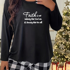 Women's Plus Letter Graphic Long Sleeve Crew Neck Stretch Tee for Home Wear