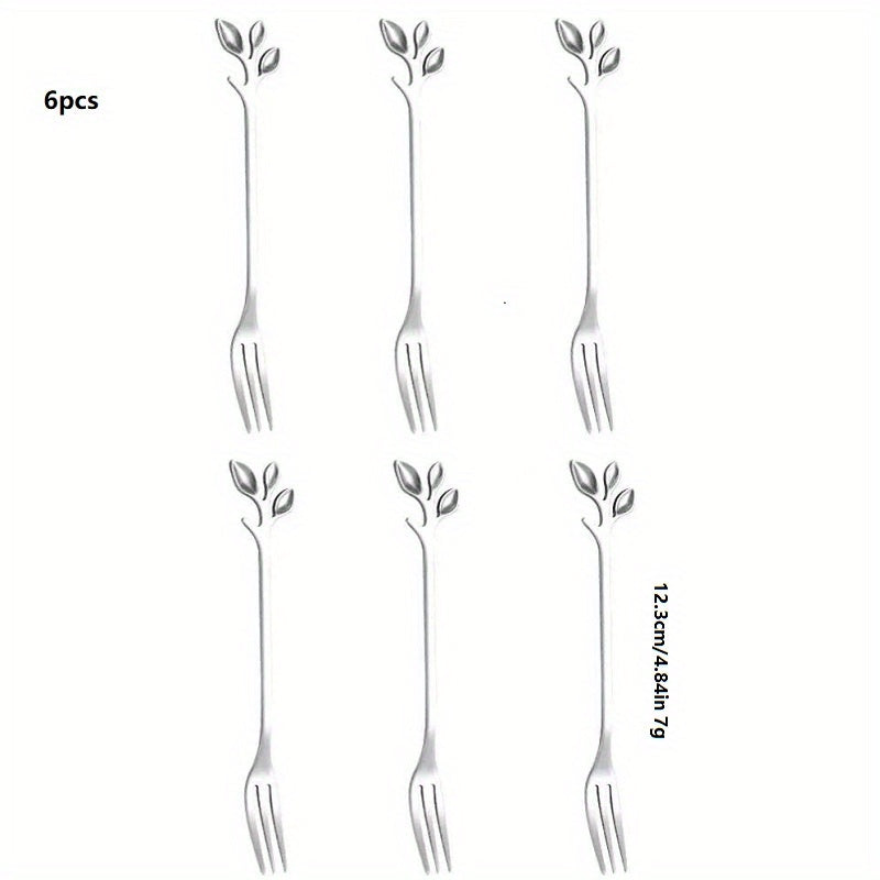 6pcs Stainless Steel Leaf Handle Dessert Spoon Fork Set