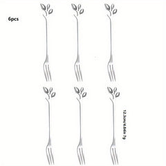 6pcs Stainless Steel Leaf Handle Dessert Spoon Fork Set