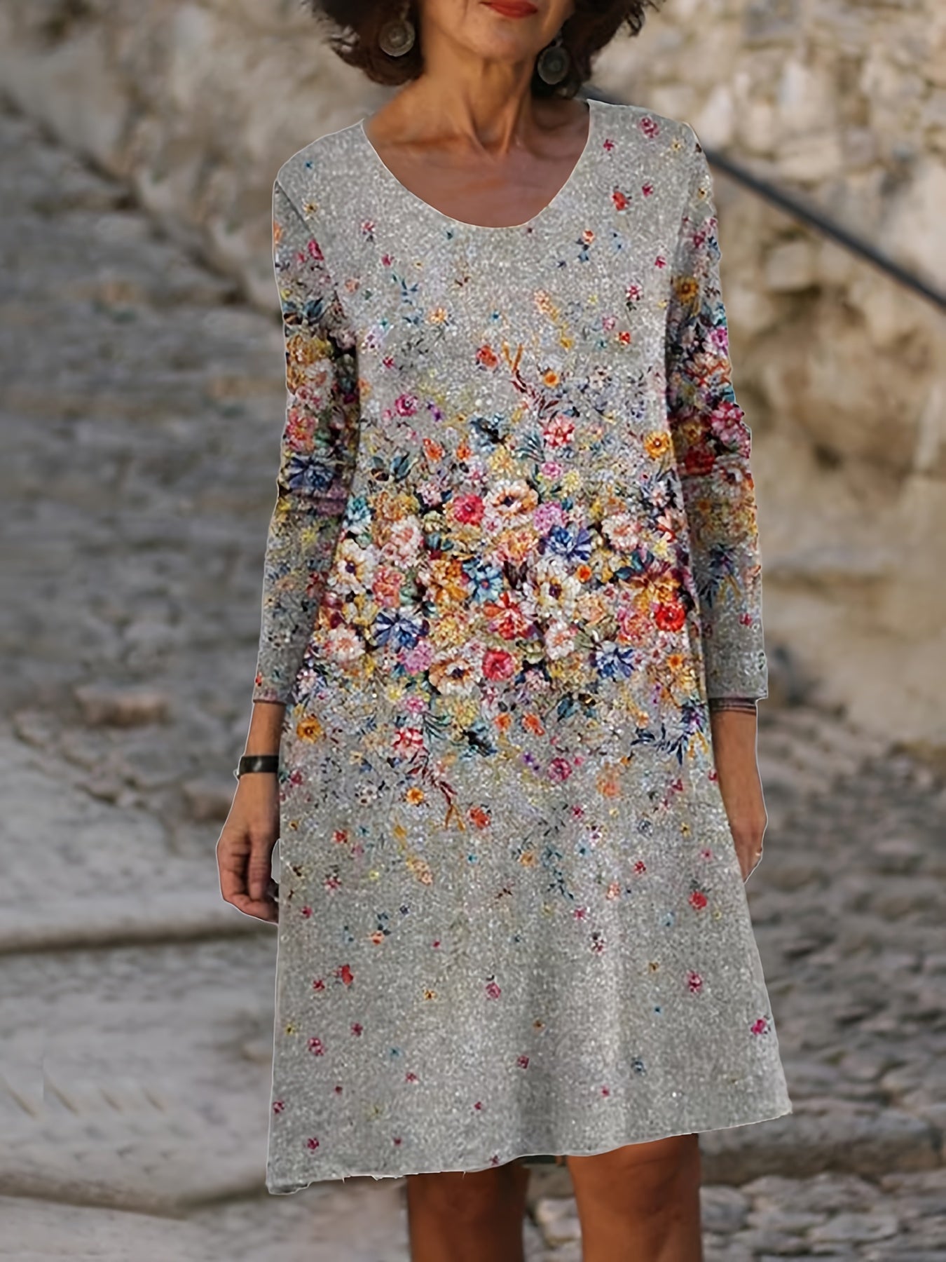 Casual Floral Print Long Sleeve Stretch Dress
