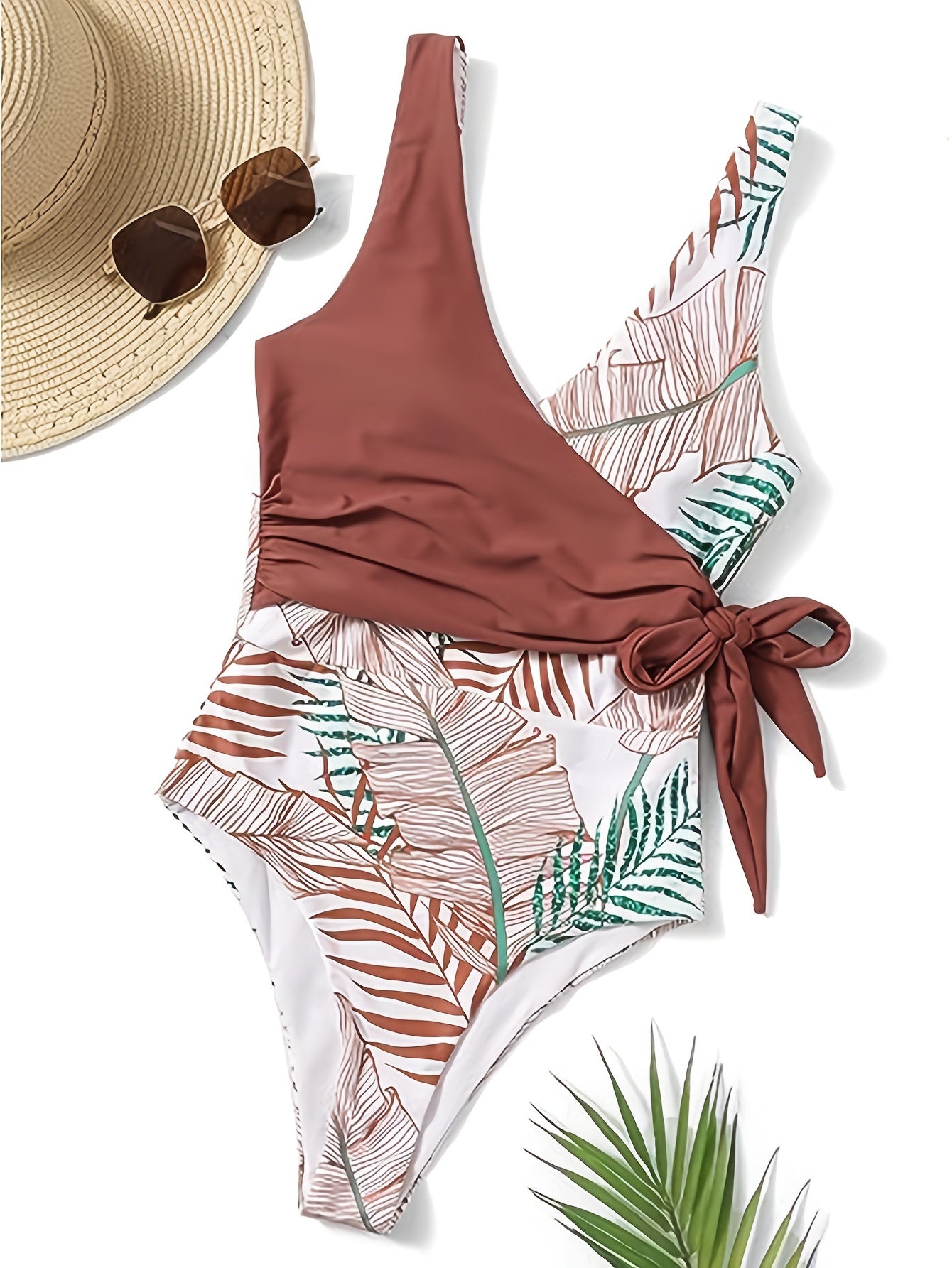 Leaf Print Tie Side One Piece Swimsuit