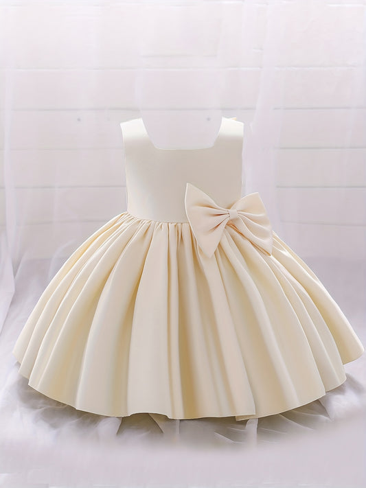 Girls Cute Bow Pleated Gown Dress Sleeveless Baby First Birthday Baptism Dress
