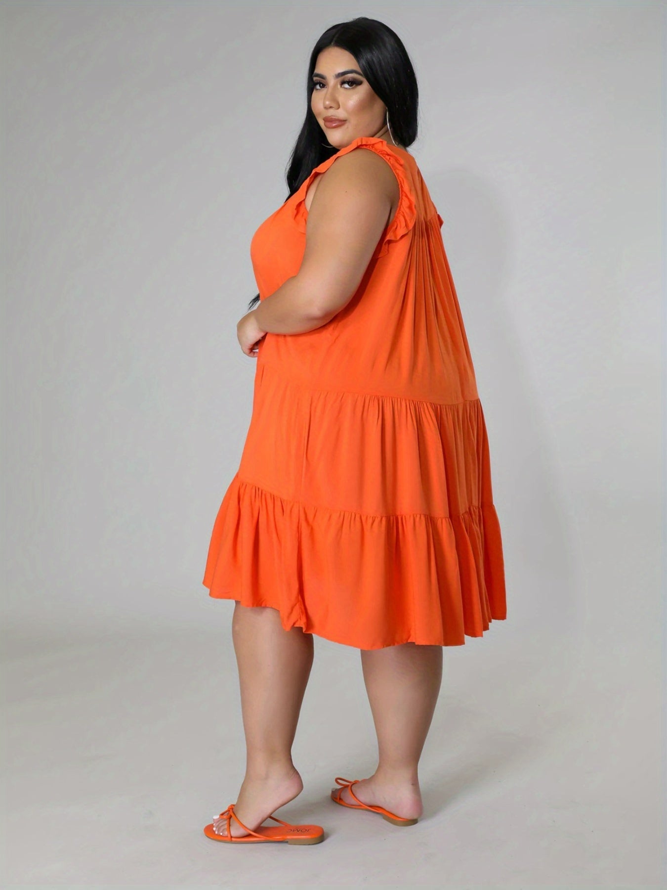  Solid Ruffle Sleeve Round Neck Smock Dress
