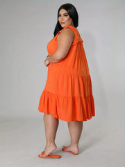  Solid Ruffle Sleeve Round Neck Smock Dress