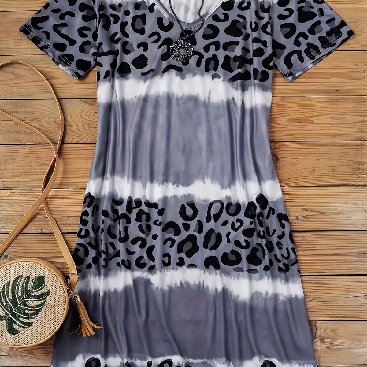  Tie Dye Colorblock Leopard V Neck Dress