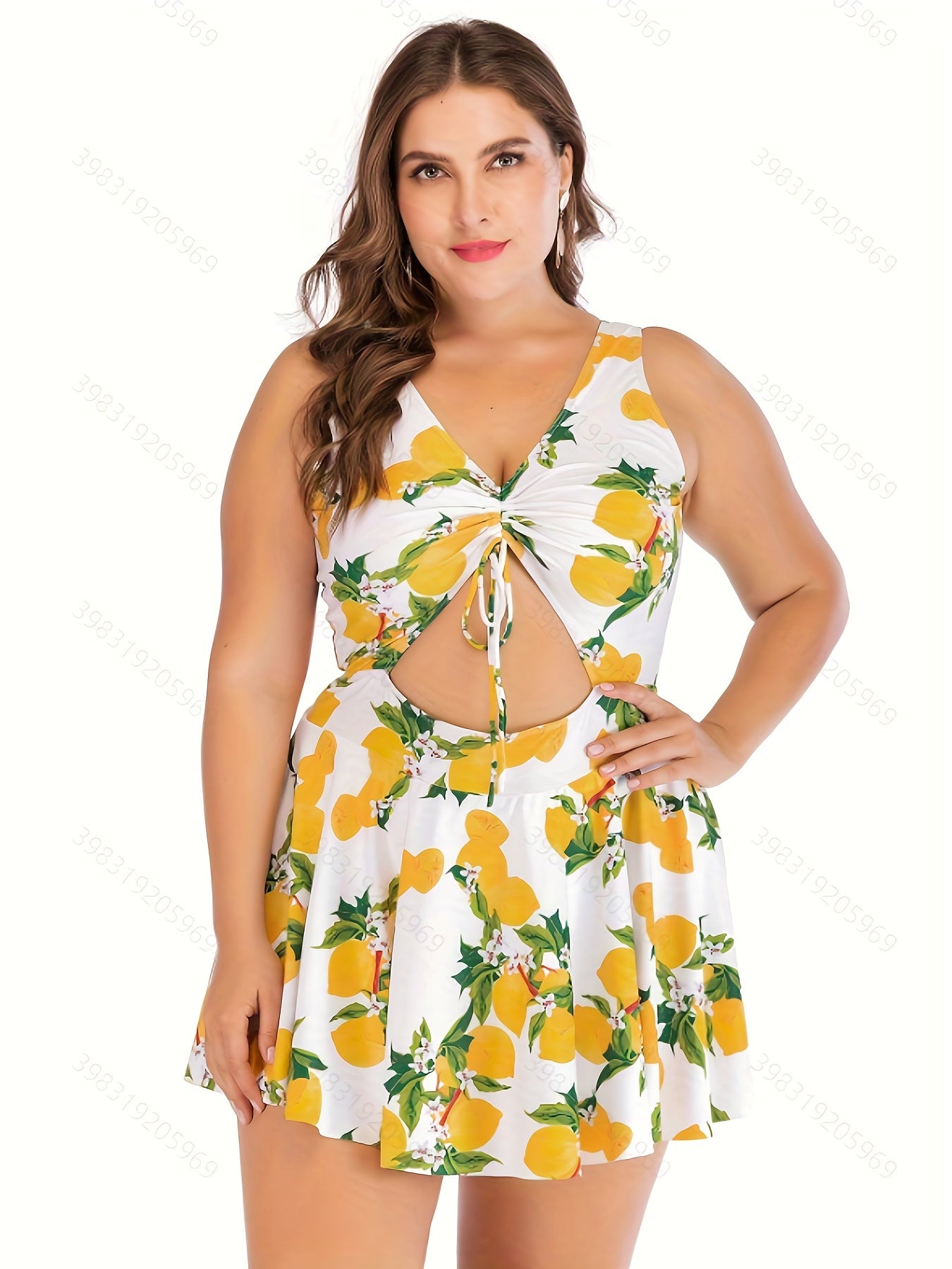  Lemon Print Cut Out Tankini Set