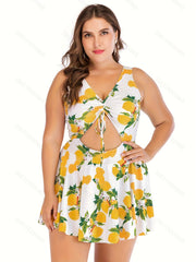  Lemon Print Cut Out Tankini Set