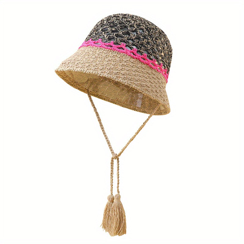 Y2K Hollow Crochet Bucket Hat Gradient Boho Straw Cloche Hats Women