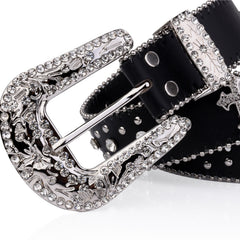 Rivet Belt Engraved Buckle Rhinestone PU Belt