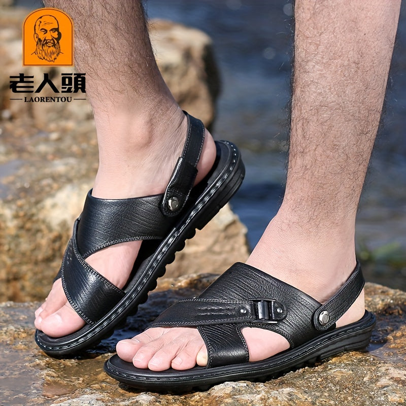 LAORENTOU Men's Leather Non Slip Sandals Comfy Beach Shoes Summer