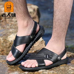 LAORENTOU Men's Leather Non Slip Sandals Comfy Beach Shoes Summer
