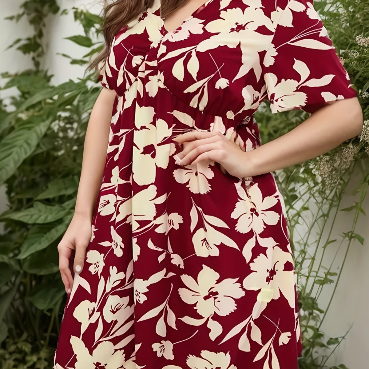 Floral Print Short Sleeve V Neck Mini Dress