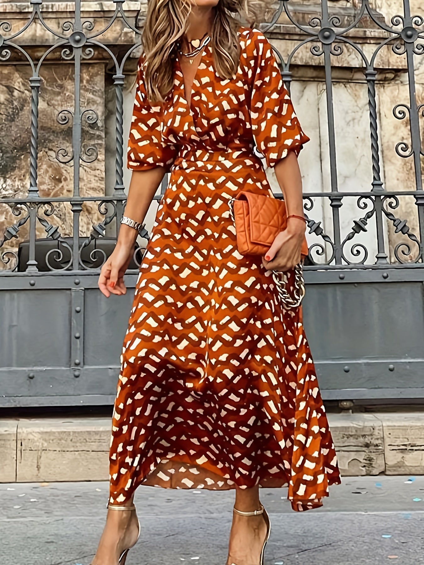 Plus Stripe Print V-Neck Maxi Dress