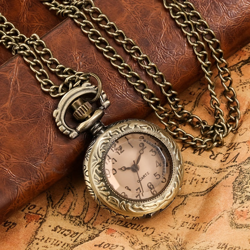 Vintage Pocket Watch With Brown Cover & Thin Chain