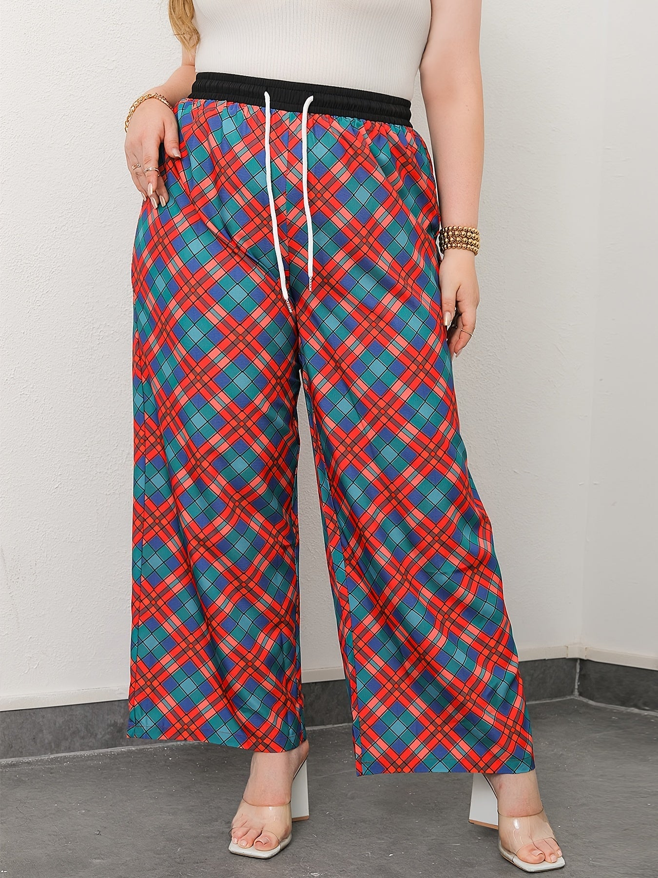  Plaid Print Drawstring Wide Leg Pants