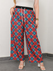  Plaid Print Drawstring Wide Leg Pants