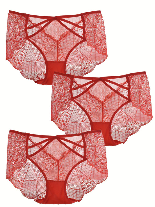 3pk Plus Size Lace Mid Waist Semi Sheer Panties