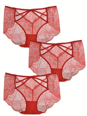 3pk Plus Size Lace Mid Waist Semi Sheer Panties