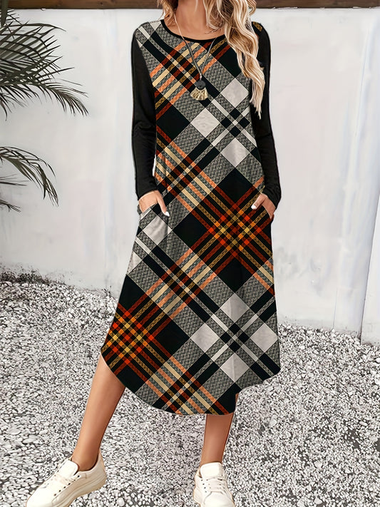  Colorblock Plaid Print Long Sleeve Round Neck Dress