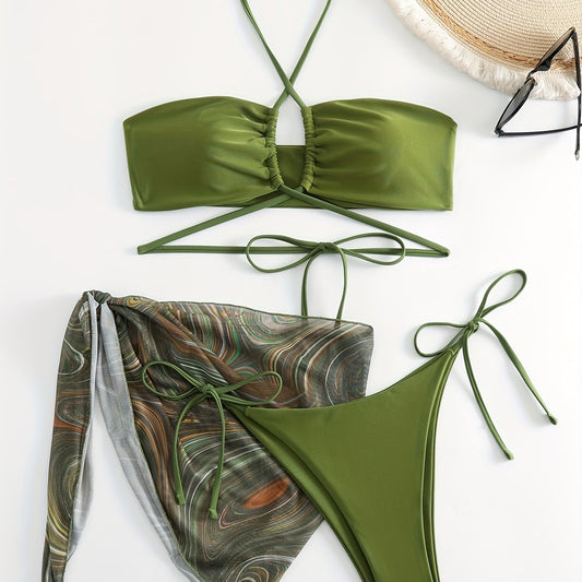Lace Up Bikini Set & Print Cover Up Wrap