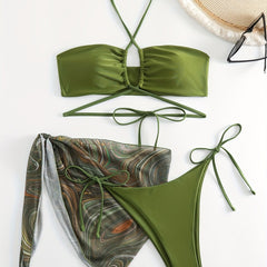 Lace Up Bikini Set & Print Cover Up Wrap