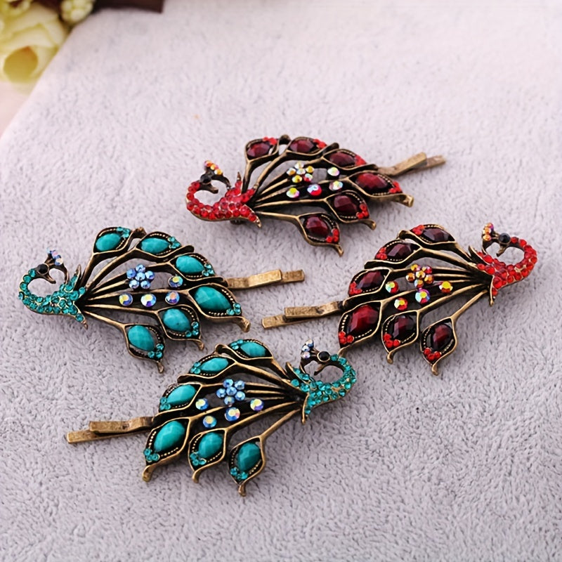 Vintage Peacock Hairpins Set Resin Rhinestones Retro Style Golden Hair Clip