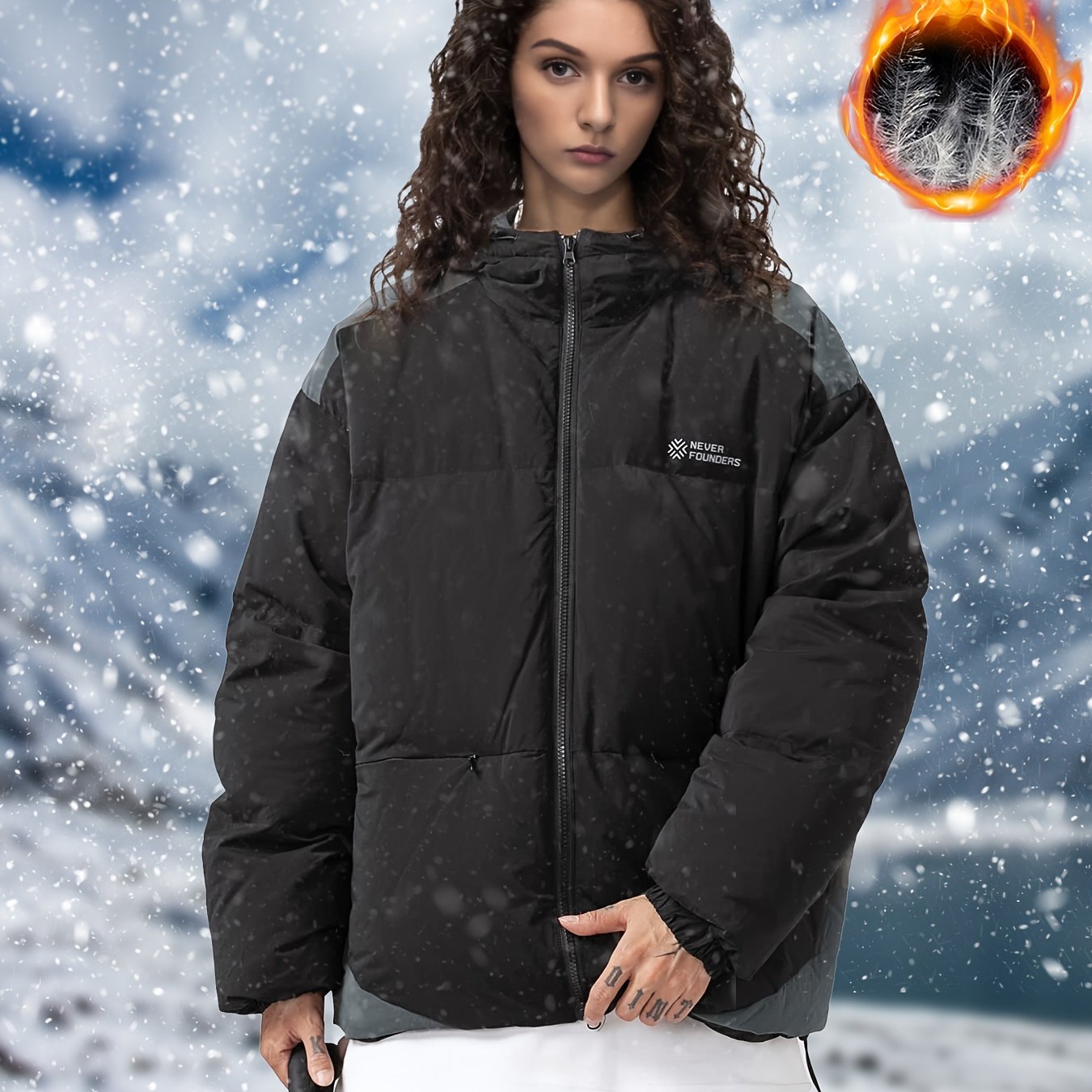 Letter Print Block Puffer Jacket Warm Winter Jacket For Outdoor Sports
