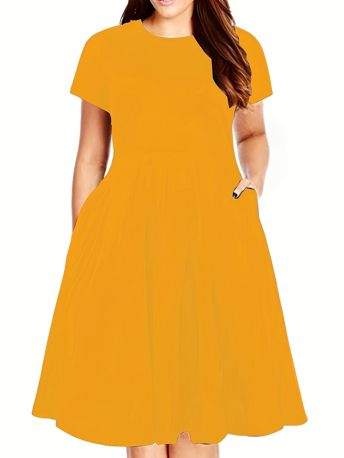  Solid Short Sleeve Midi Dress With Pocket Women's Plus