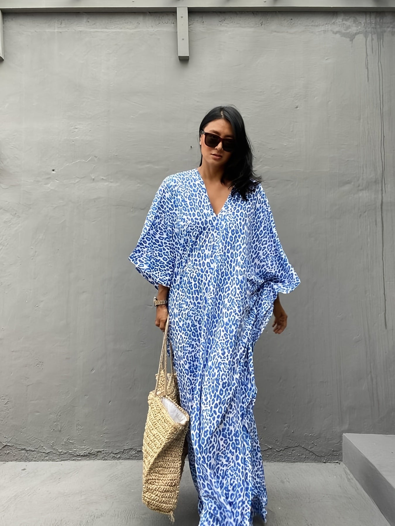  Leopard Print Bat Sleeve Beach Cover Up Dress