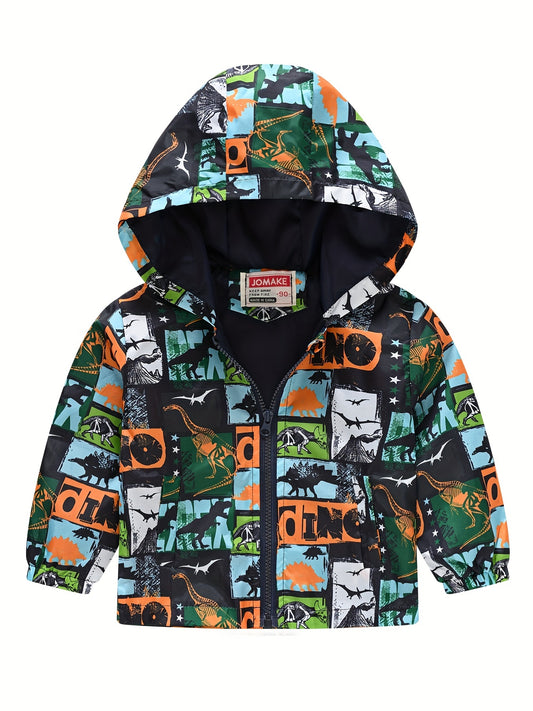 Kids Dino Print Zip Hoodie Cardigan Collar Jacket