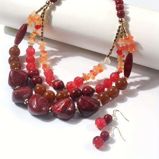 Colorful Pendant Necklace & Earrings Set Vintage Style Jewelry For Women