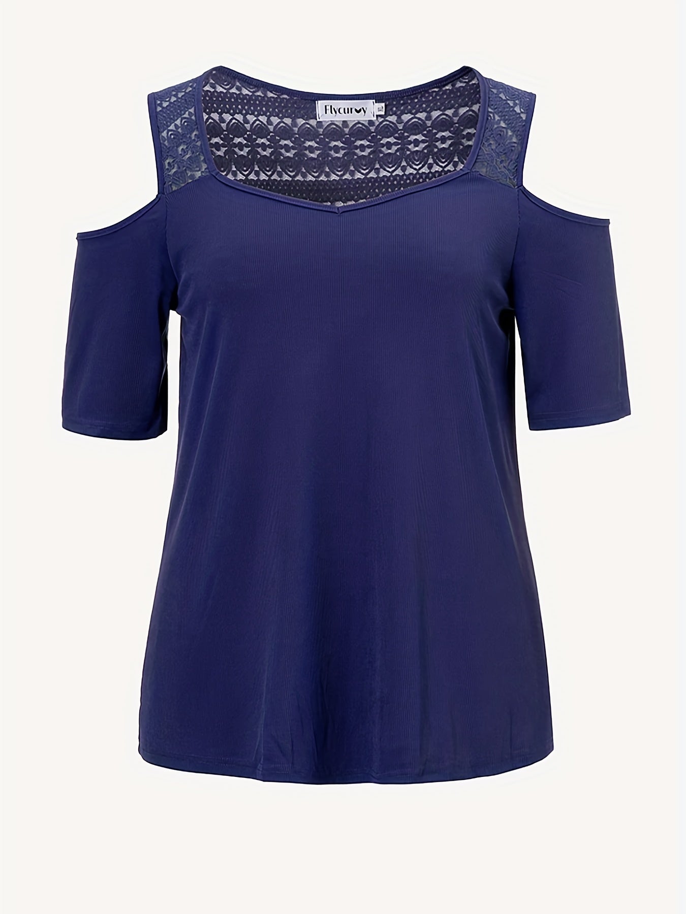  Solid Contrast Lace Panel Cold Shoulder Top