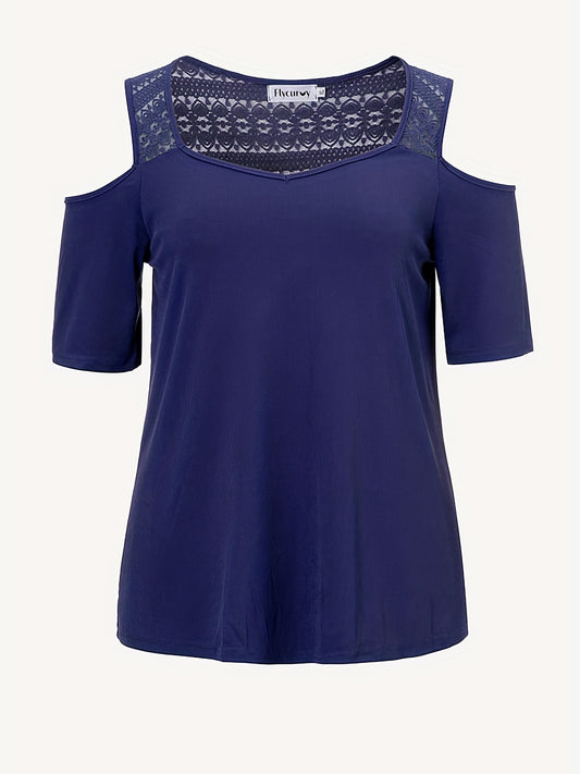  Solid Contrast Lace Panel Cold Shoulder Top