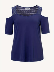  Solid Contrast Lace Panel Cold Shoulder Top