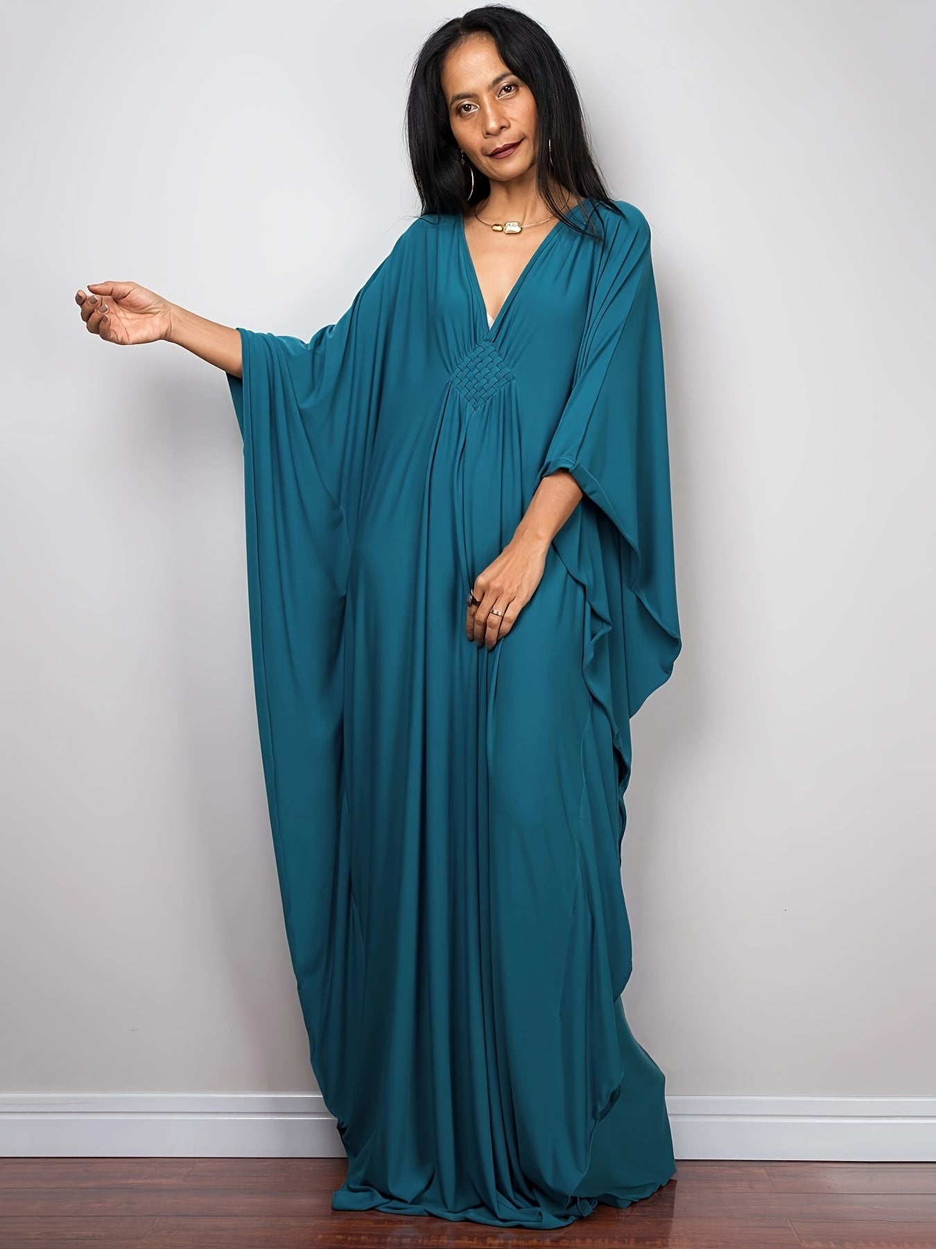 Boho Cover Up Plus Size Solid V Neck Maxi Kaftan Dress