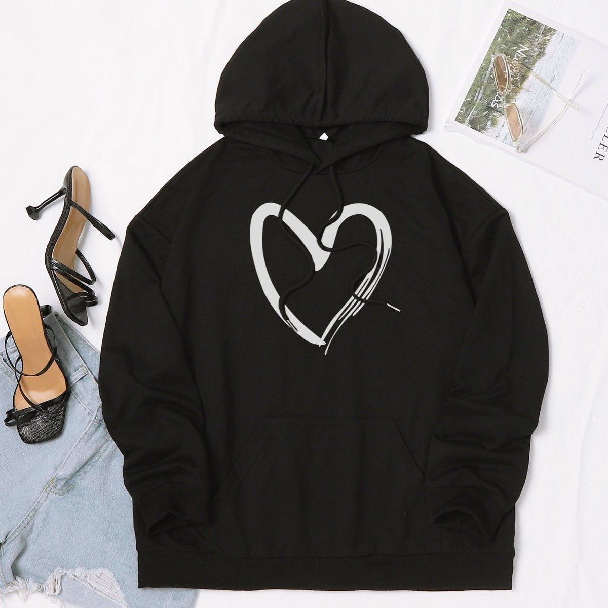 Women's Heart Print Hoodie Casual Drawstring Loose Sweatshirt