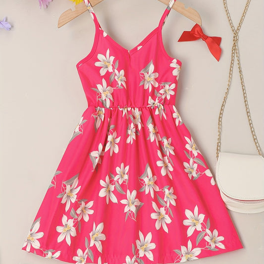 Girls Sundress Floral Pattern V Neck Elastic Waist Camisole Dress