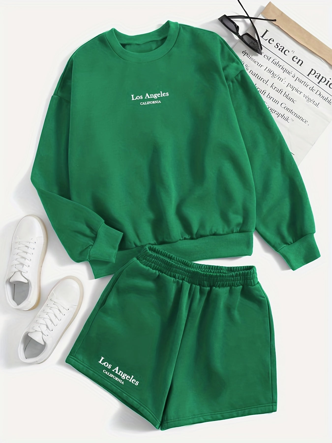 Casual Two piece Set Crew Neck Long Sleeve Sweatshirt & Shorts