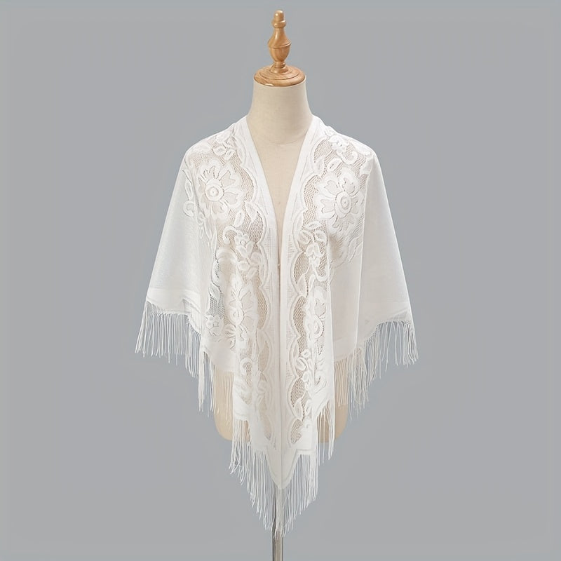 Long Tassel Triangle Shawl Lace Scarf Solid Embroidery Cape