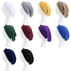 Boho Braided Turban Cap Solid Hijab Head Wrap Elastic Bonnet