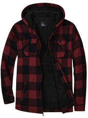 Men's Plaid Fleece Zip Hooded Jacket Outdoor Fall Winter