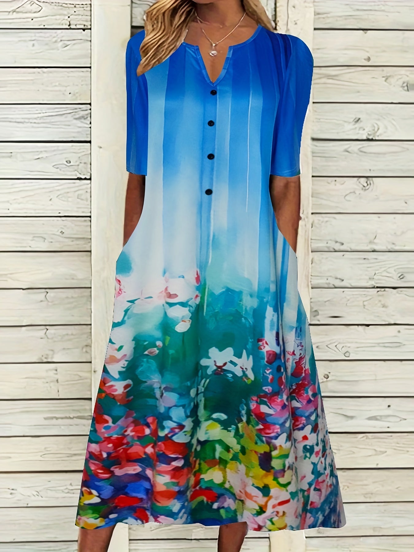 Plus Size Floral Print Button Decor Short Sleeve Dress With Pockets