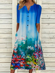 Plus Size Floral Print Button Decor Short Sleeve Dress With Pockets
